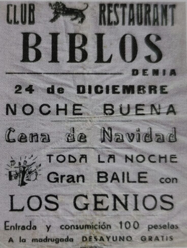Folleto de Club Restaurant Biblos en Dénia – Imagen del libro ‘150 anys de música i ball a la Marina Alta’