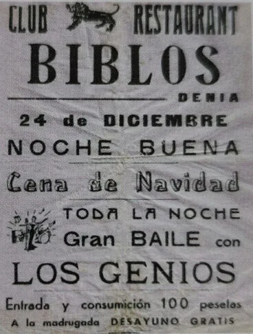 Folleto de Club Restaurant Biblos en Dénia – Imagen del libro ‘150 anys de música i ball a la Marina Alta’