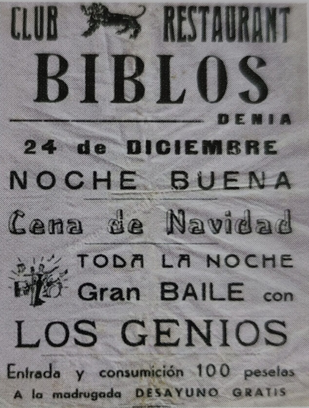 Imagen: Folleto de Club Restaurant Biblos en Dénia - Imagen del libro '150 anys de música i ball a la Marina Alta'