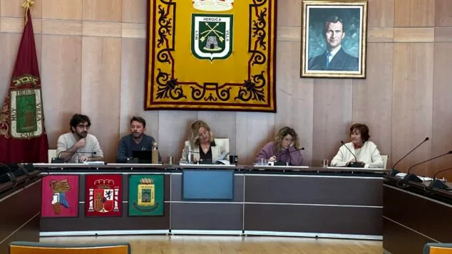 Calp analiza 135 quejas ciudadanas de playas para la temporada 2026 1 Imagen: Reunión de cinco miembros del Órgano Gestor de Playas del Ayuntamiento de Calp en una sala de plenos, con un tapiz del escudo municipal y un retrato al fondo.