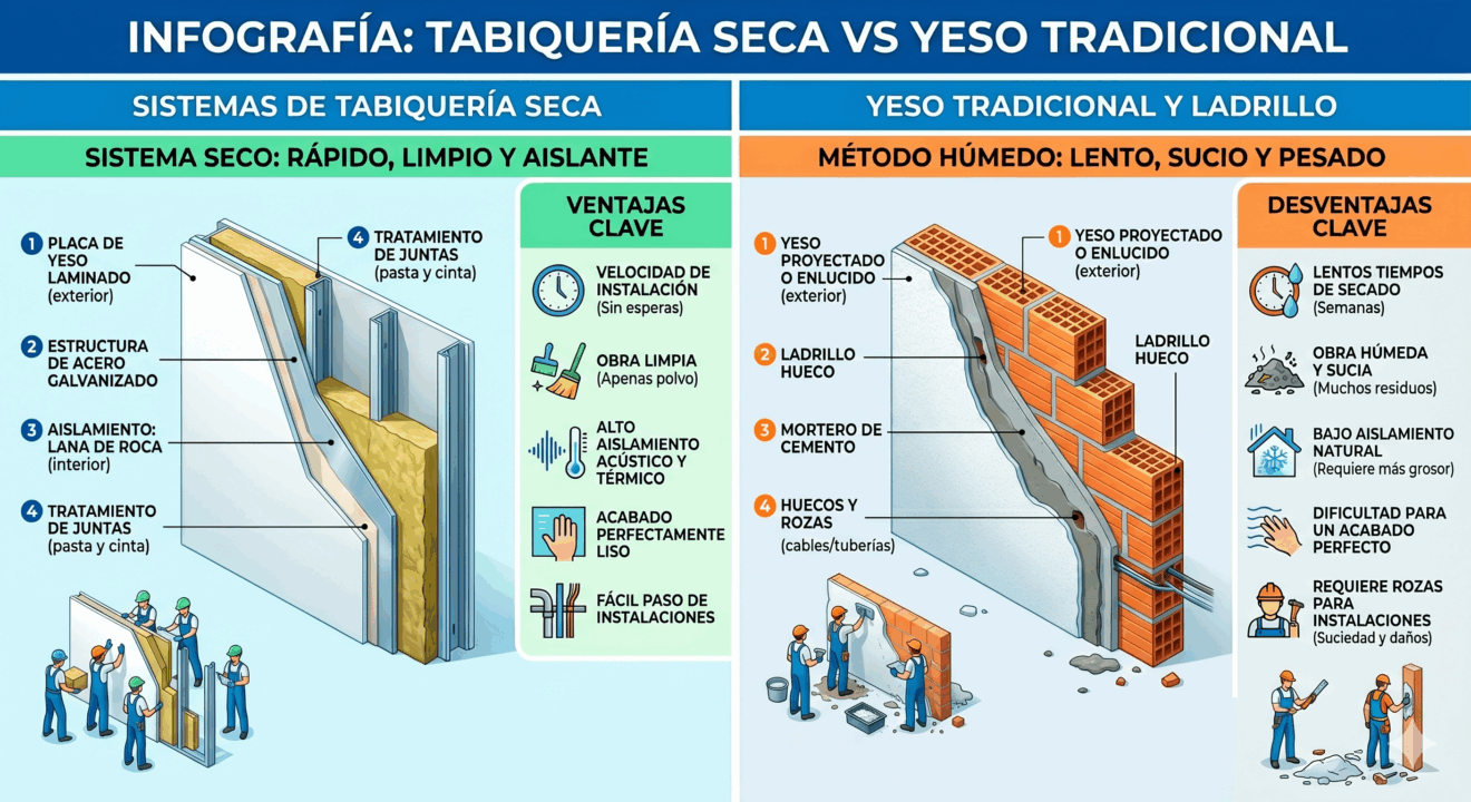 Infografía comparativa entre el yeso tradicional y la tabiquería seca