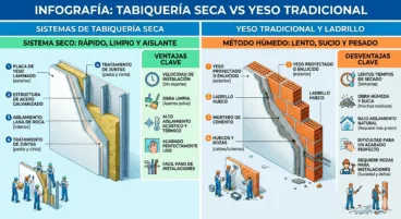 Infografía comparativa entre el yeso tradicional y la tabiquería seca