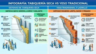 Infografía comparativa entre el yeso tradicional y la tabiquería seca