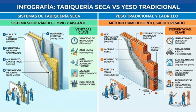 Imagen: Infografía comparativa entre el yeso tradicional y la tabiquería seca