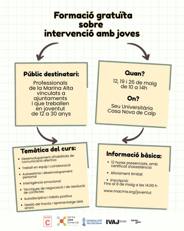 Imagen: Cartel informativo con texto sobre el curso de formación para profesionales de juventud en la Marina Alta.