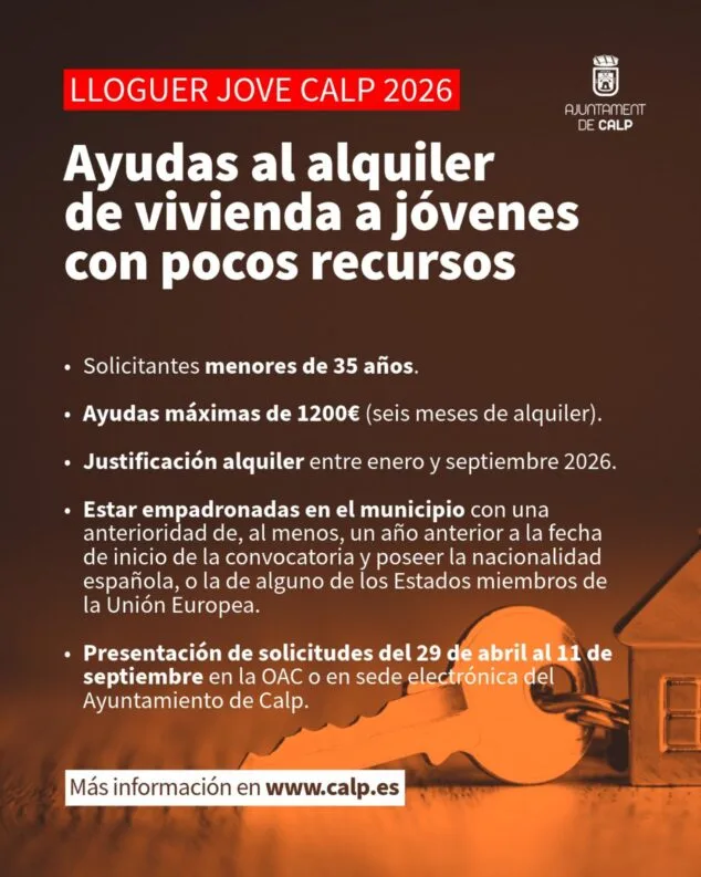 Imagen: Cartel informativo del Ayuntamiento de Calp con los requisitos, cuantías y fechas de solicitud para las ayudas al alquiler de vivienda a jóvenes 'Lloguer Jove 2026'.