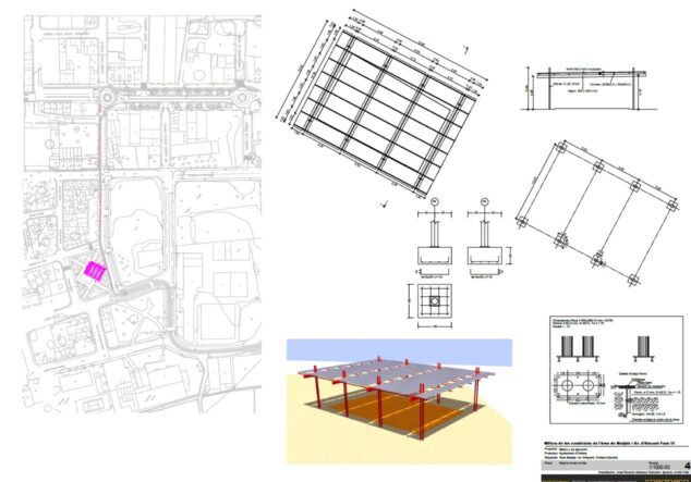 Imagen: Planos arquitectónicos, mapa de ubicación y render 3D de una estructura de sombra para el proyecto de mejora del área de Marjals y Avenida de Alicante en Ondara.