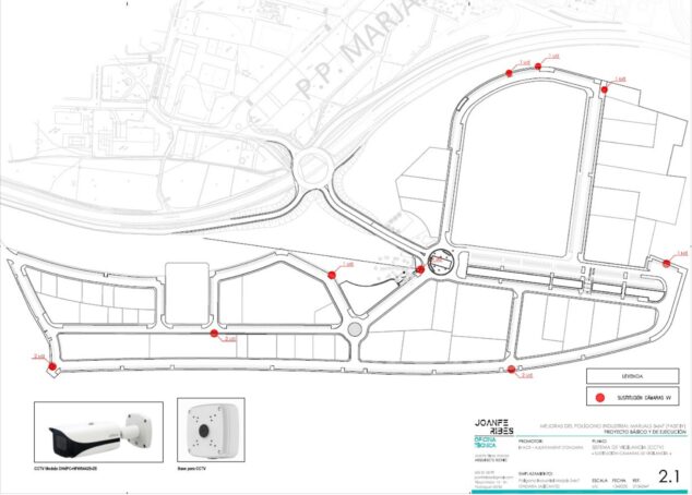 Plano técnico de la ubicación de cámaras de vigilancia CCTV en el Polígono Industrial Marjals 5-6-7 de Ondara, proyecto IVACE Fase IV.