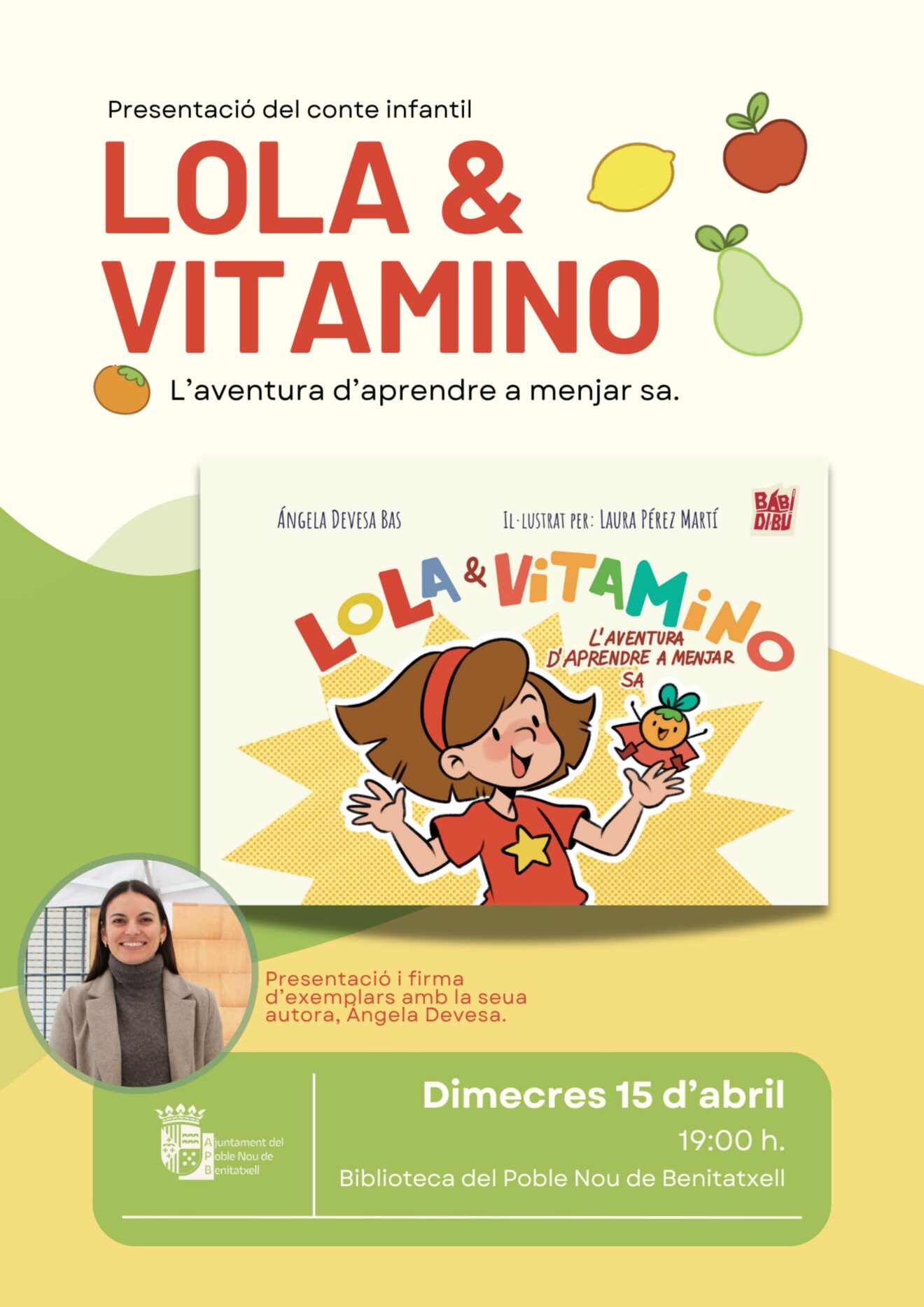 Cartel de la presentación del libro Lola & Vitamino. La aventura de aprender a comer sano del Mitjafava Fest 2026 en Benitatxell con los chefs Maria Albero y Carlos G. Moreno