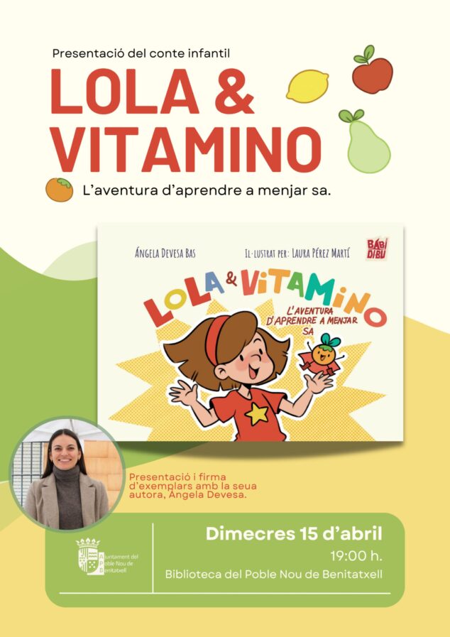 Imagen: Cartel de la presentación del libro Lola & Vitamino. La aventura de aprender a comer sano del Mitjafava Fest 2026 en Benitatxell con los chefs Maria Albero y Carlos G. Moreno