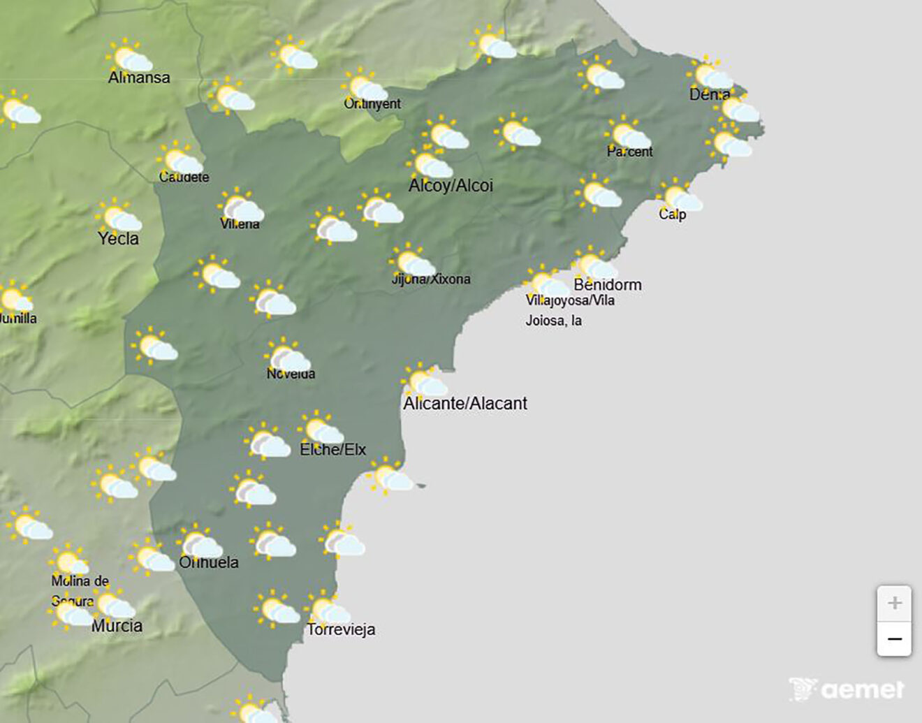 Mapa de predicción de la AEMET en Alicante para el lunes 13 de abril a las entre las 12.00 y las 18.00 horas