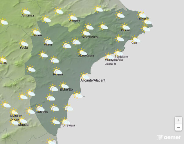 Imagen: Mapa de predicción de la AEMET en Alicante para el lunes 13 de abril a las entre las 12.00 y las 18.00 horas