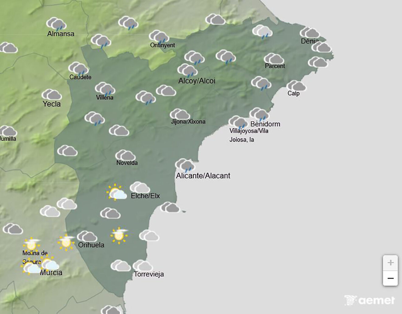Mapa de predicción de la AEMET en Alicante para el sábado 11 de abril a las 19.00 horas