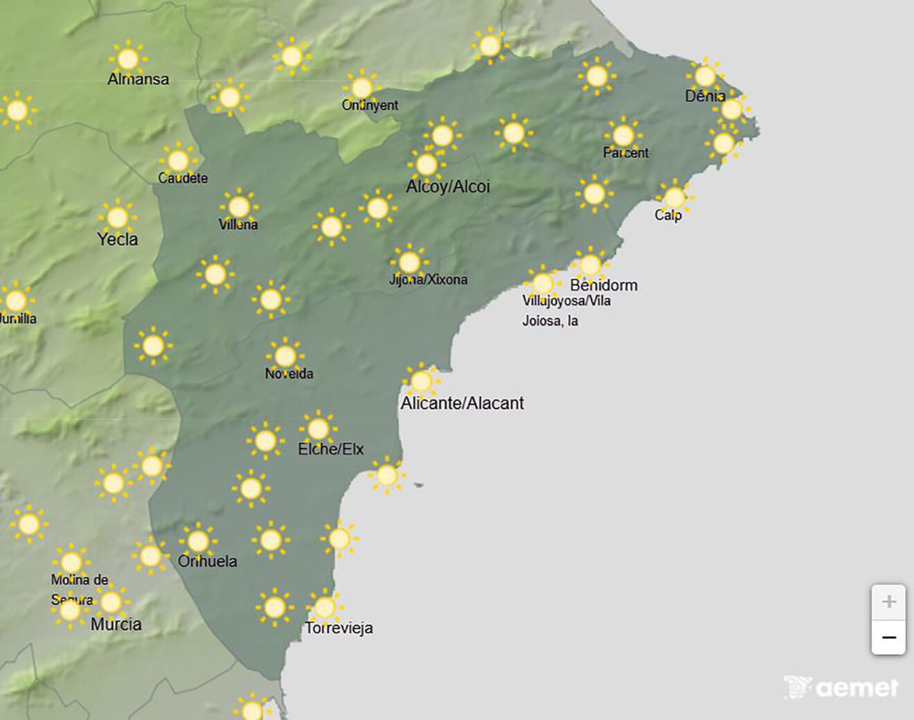 Mapa de predicción de la AEMET en Alicante para el viernes 10 de abril a las 17.00 horas