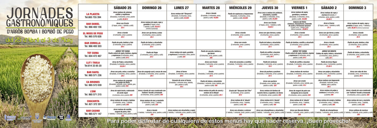 Menús de las Jornades Gastronòmiques de l'Arròs Bomba i Bombó de Pego de abril del 2026 (castellano)