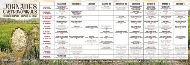 Imagen: Menús de las Jornades Gastronòmiques de l'Arròs Bomba i Bombó de Pego de abril del 2026 (castellano)