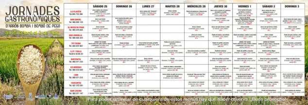 Imagen: Menús de las Jornades Gastronòmiques de l'Arròs Bomba i Bombó de Pego de abril del 2026 (castellano)