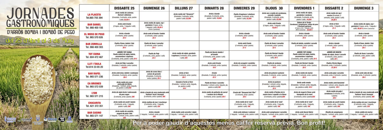 Menús de las Jornades Gastronòmiques de l'Arròs Bomba i Bombó de Pego de abril del 2026 (valencià)