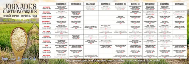 Imagen: Menús de las Jornades Gastronòmiques de l'Arròs Bomba i Bombó de Pego de abril del 2026 (valencià)