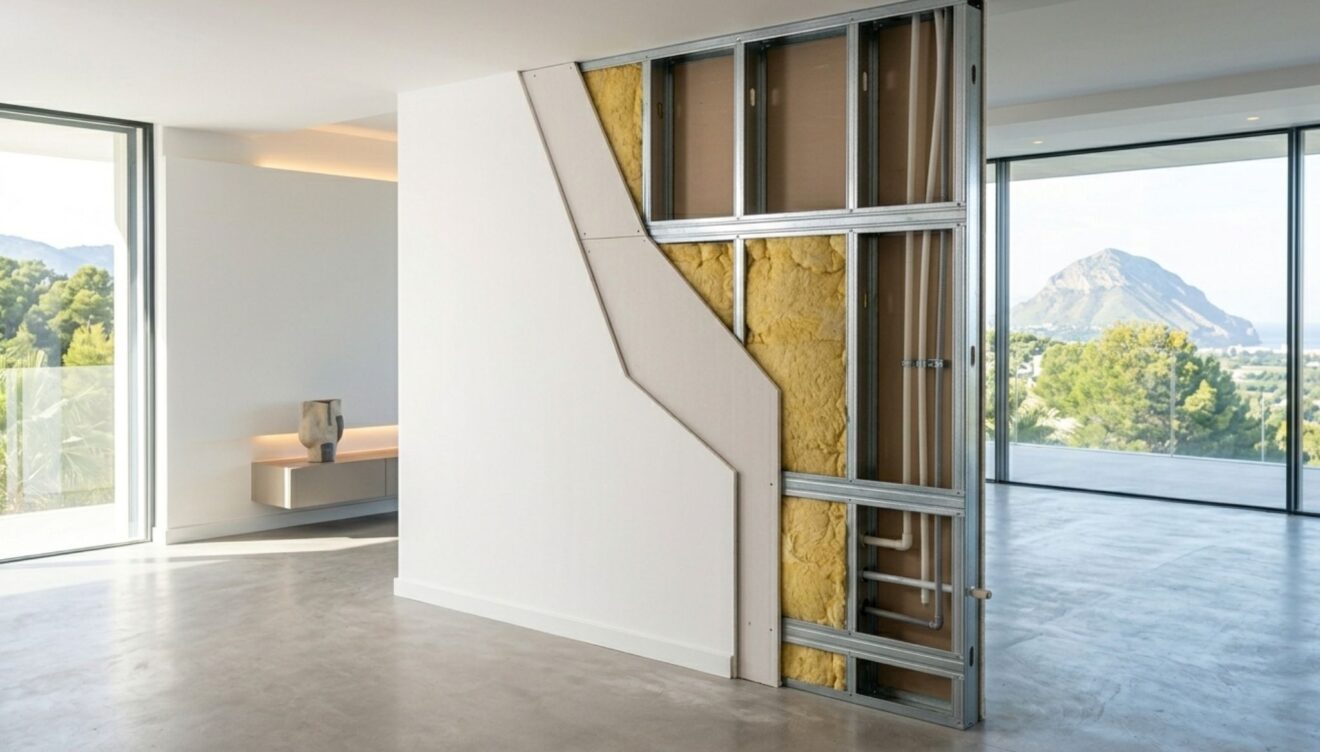 Panel de tabiquería seca en una estructura metálica, con aislamiento visible en el interior