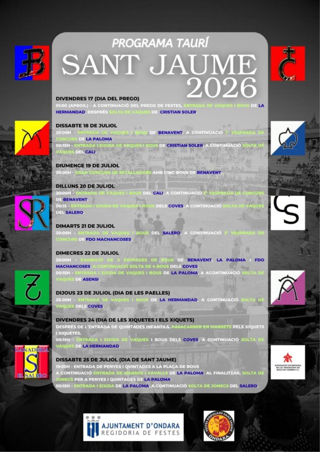 Imagen: Cartell del programa taurí de les Festes Populars de Sant Jaume 2026 a Ondara, amb horaris i detalls dels esdeveniments i ramaderies.