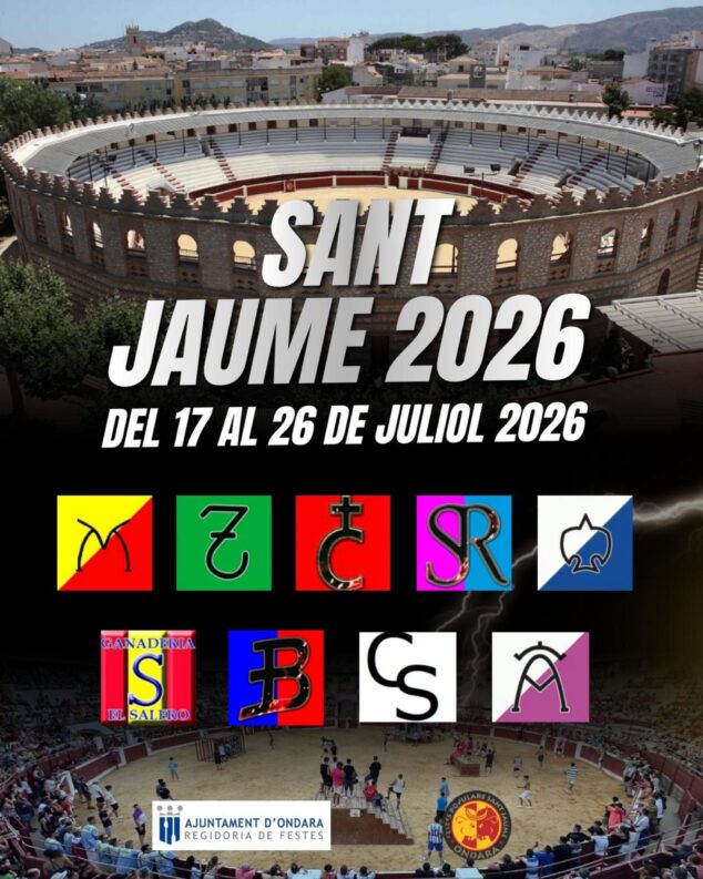 Imagen: Cartel de los festejos taurinos de Sant Jaume 2026 en Ondara, con fechas y logotipos de ganaderías.