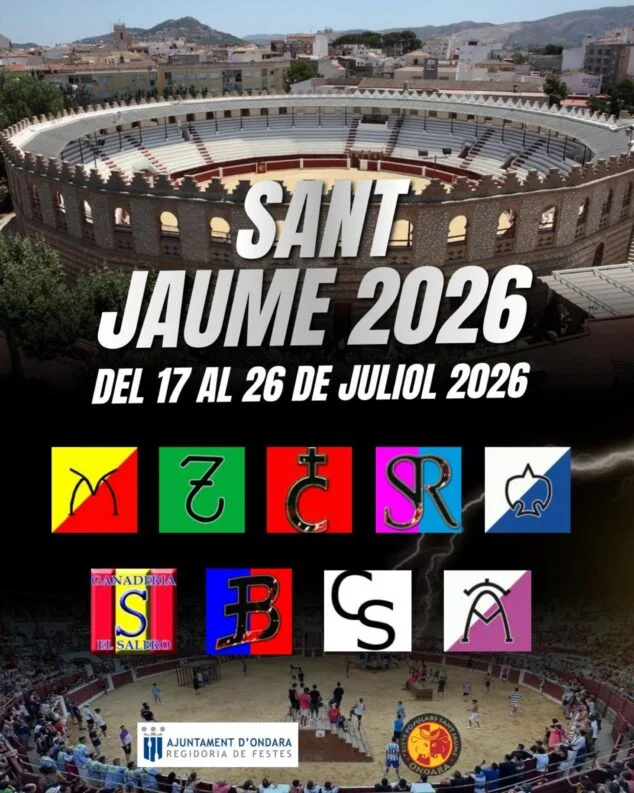Ondara desvela el programa taurino de Sant Jaume 2026 con importantes novedades 2 Imagen: Cartel de los festejos taurinos de Sant Jaume 2026 en Ondara, con fechas y logotipos de ganaderías.