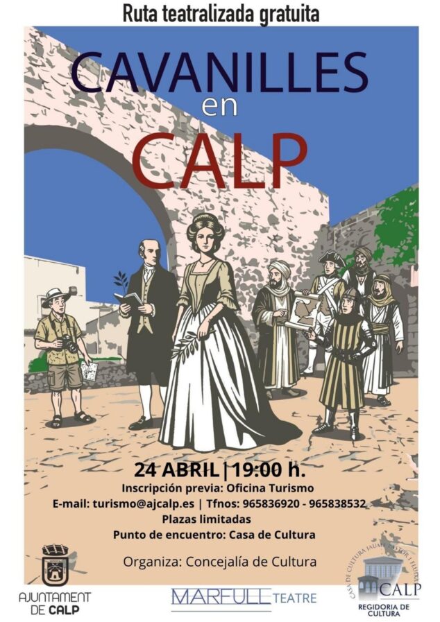 Imagen: Cartel ilustrado de la ruta teatralizada gratuita "Cavanilles en Calp" con personajes de época y la fecha del evento.