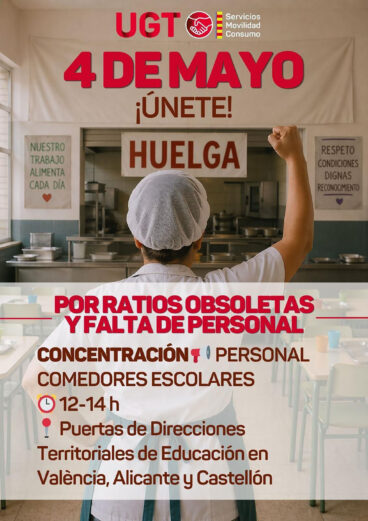 UGT convoca una huelga en los comedores escolares de la Comunitat Valenciana el 4 de mayo