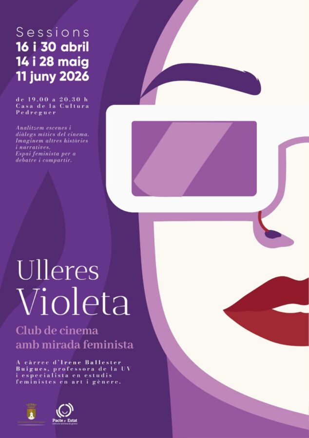 Imagen: Cartel morado del club de cine feminista 'Ulleres Violeta' de Pedreguer con ilustración de mujer y texto de programación.