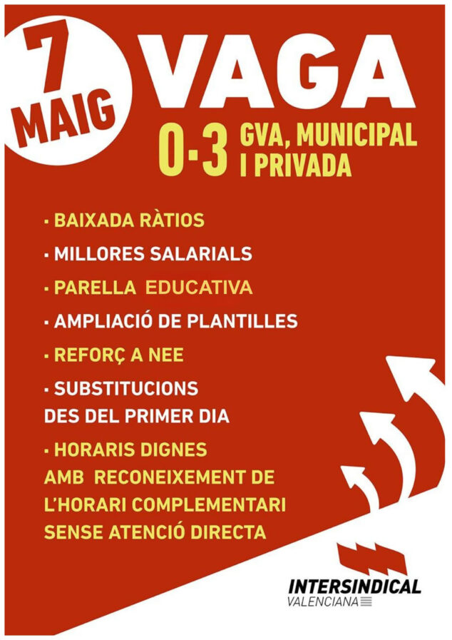 Imagen: Cartel de la huelga convocada por Intersindical Valenciana el 7 de mayo en las escuelas de 0 a 3 años