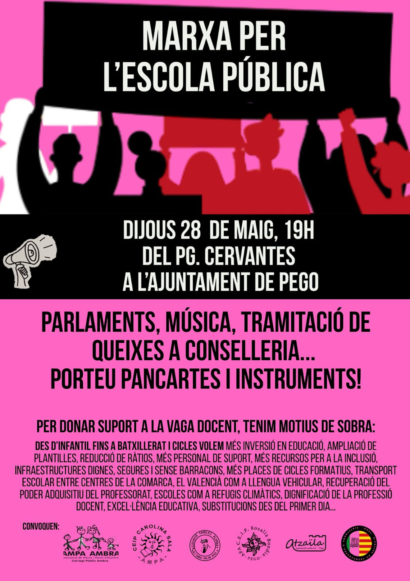 Cartel de la 'Marxa per l’escola pública' en Pego este 28 de mayo 2026