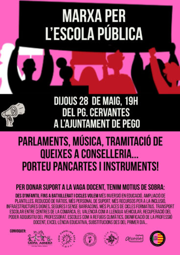 Cartel de la ‘Marxa per l’escola pública’ en Pego este 28 de mayo 2026