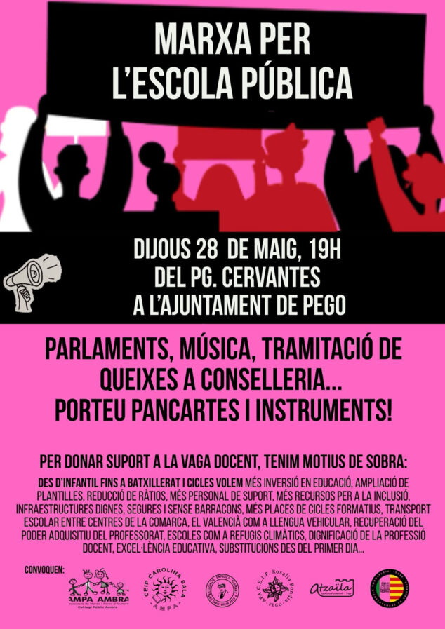 Imagen: Cartel de la 'Marxa per l’escola pública' en Pego este 28 de mayo 2026