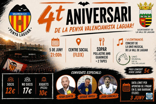 Imagen: Cartel del acto por el cuarto aniversario de la Penya Valencianista Laguar