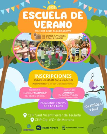 Cartel informativo de la Escuela de Verano 2026 de Teulada Moraira
