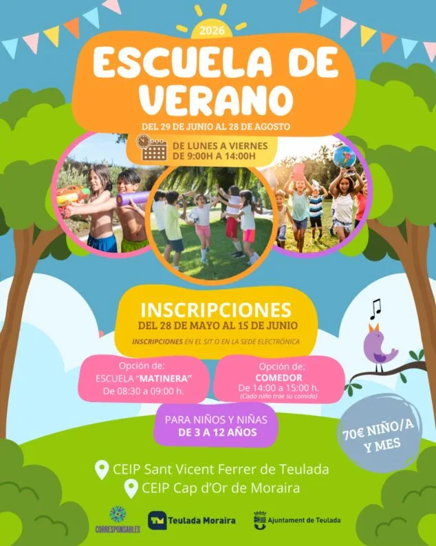 Teulada-Moraira abre las inscripciones para la Escuela de Verano 2026 con plazas para niños de 3 a 12 años 1 Imagen: Cartel de la Escuela de Verano 2026 de Teulada Moraira con detalles sobre fechas, horarios, edades, precio e inscripciones.