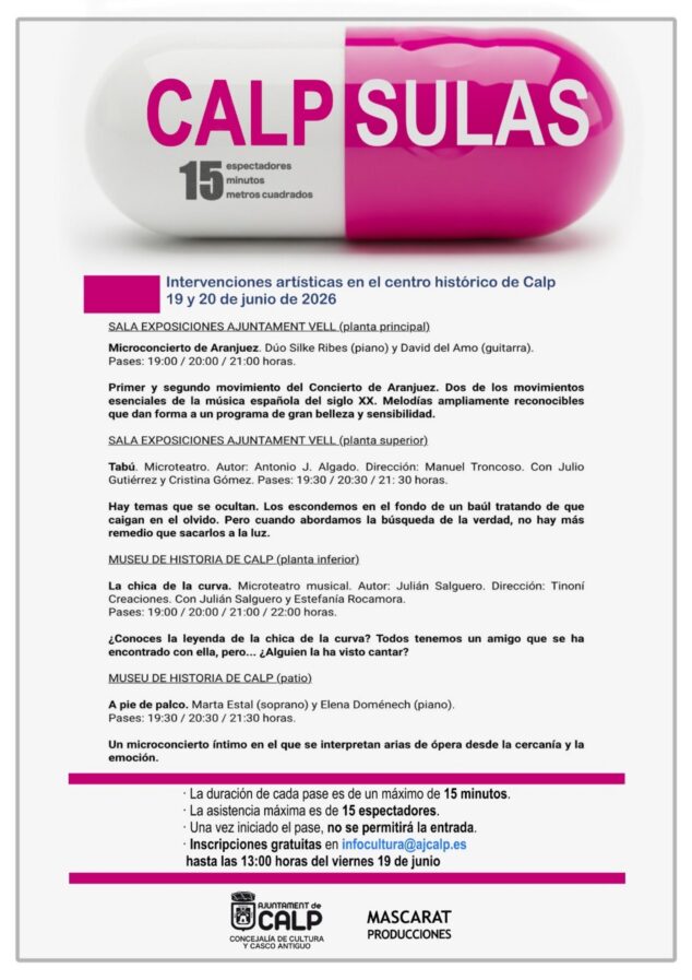 Imagen: Cartel promocional de CALPSULAS 2026 con una cápsula rosa y blanca, detallando la programación, horarios, artistas y normas del evento cultural en Calp.