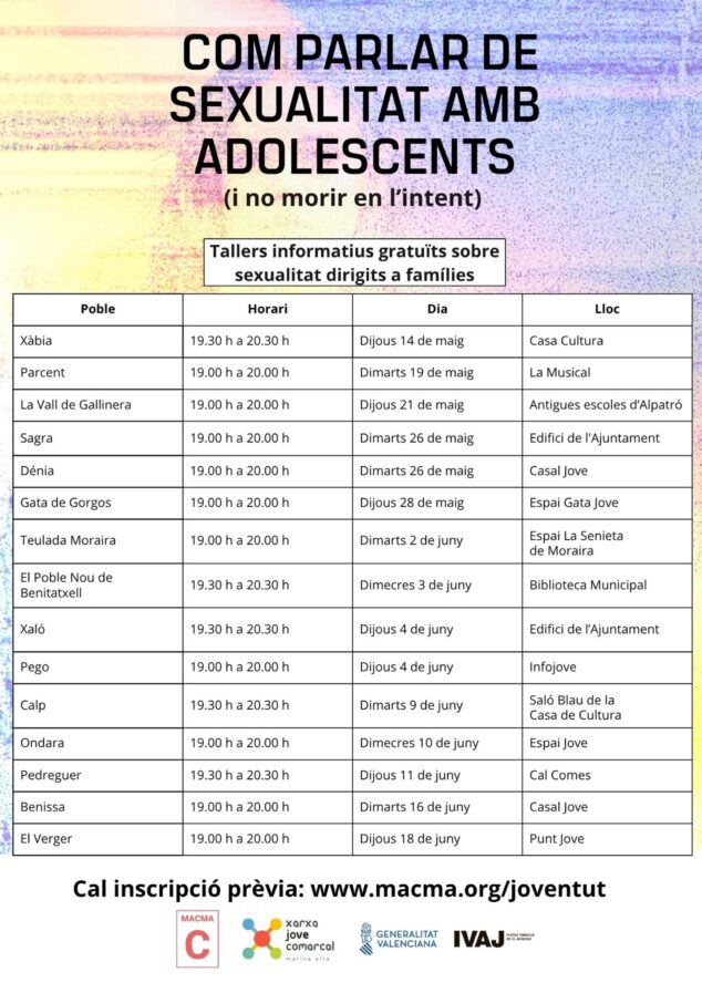 Imagen: Cartel informativo con una tabla que detalla las fechas, horarios y lugares de los talleres 'Com parlar de sexualitat amb adolescents' en diferentes municipios de la Marina Alta, organizados por Xarxa Jove MACMA. Incluye enlace de inscripción.