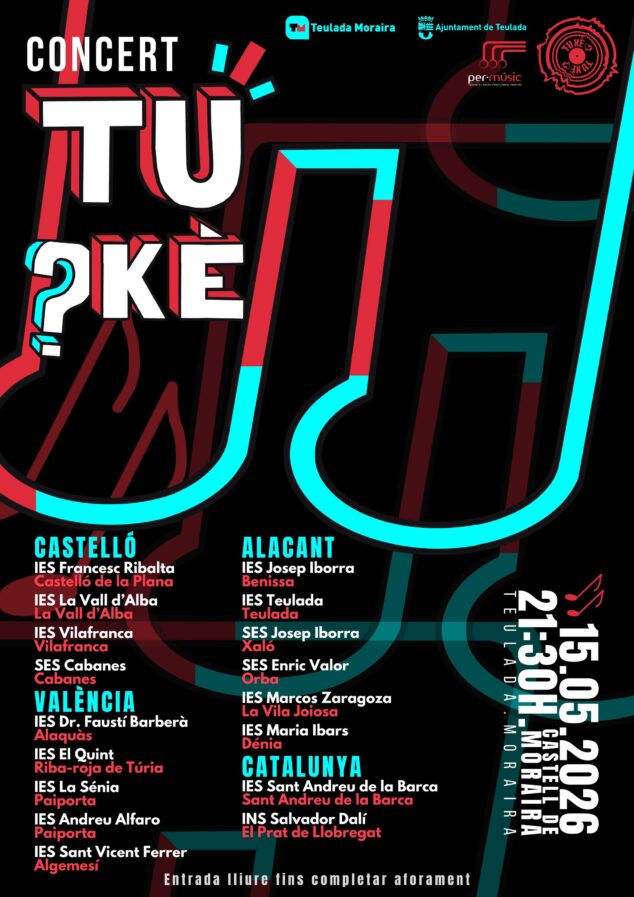 Imagen: Cartel del concierto 'TU KÈ?' en Teulada Moraira el 15 de mayo de 2026, con la lista de centros participantes.