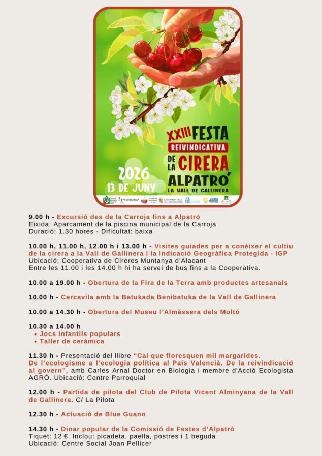 Cartel anunciador de la XXIII Festa de la Cirera 2026 en La Vall de Gallinera con el programa de actividades.