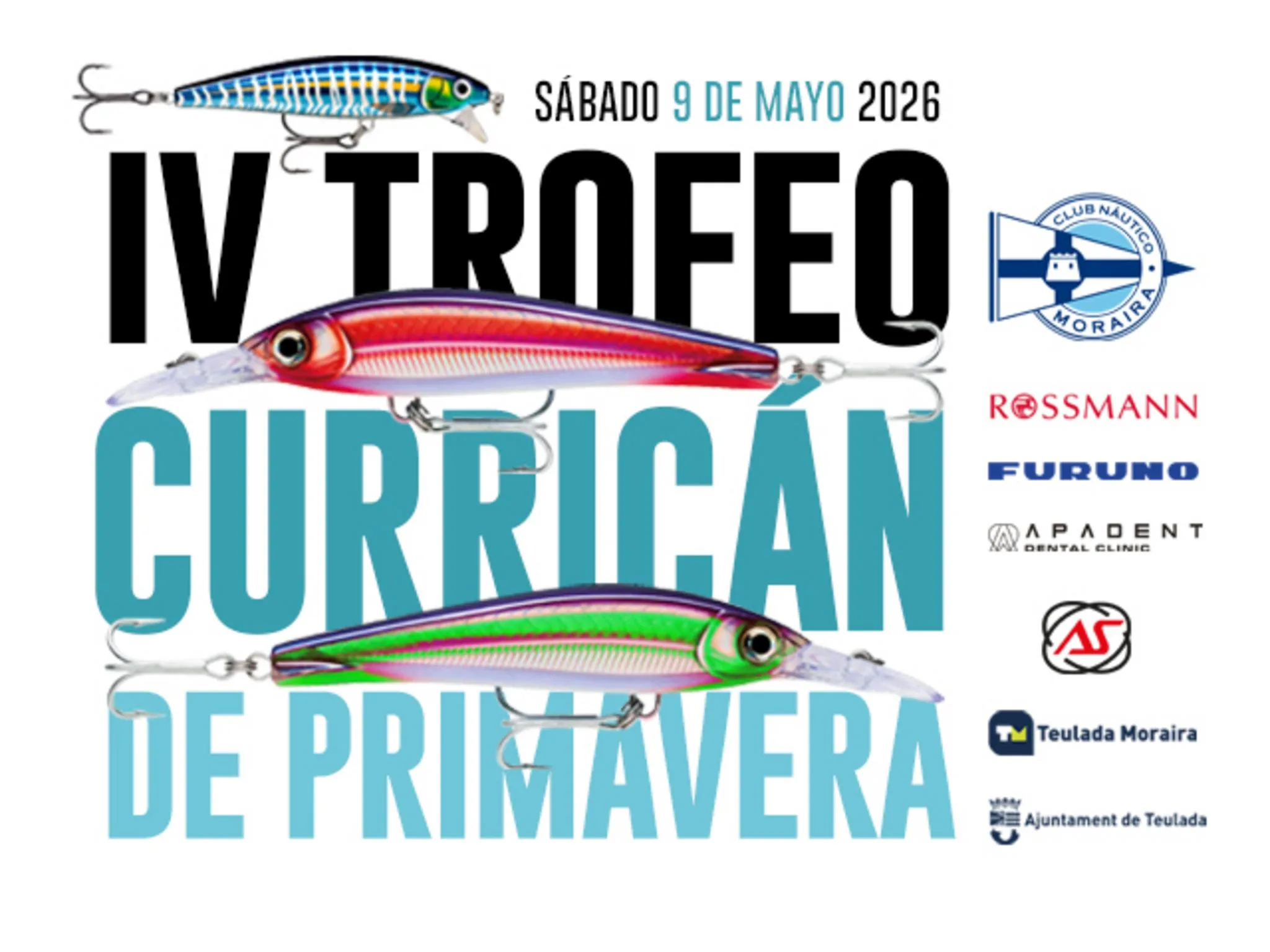 Cartel del IV Trofeo Curricán de Primavera con la fecha del evento, logotipos de los organizadores y patrocinadores, e ilustraciones de señuelos de pesca.