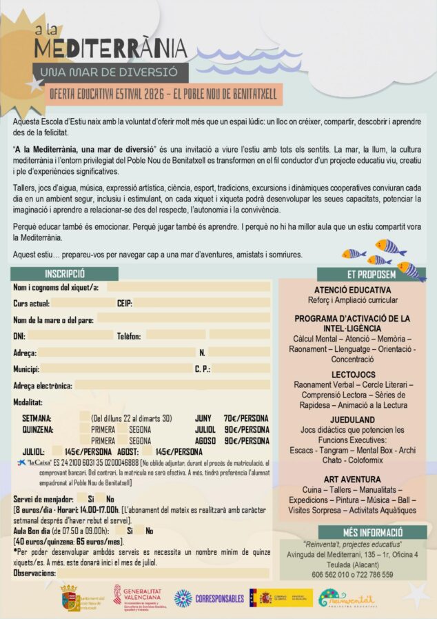 La Escoleta Educativa de Verano de Benitatxell anuncia sus fechas y tarifas para 2026 3 Imagen: Flyer informatiu de l'Escoleta d'Estiu 2026 del Poble Nou de Benitatxell