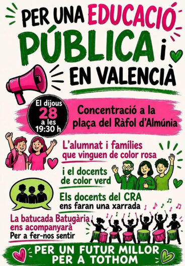 Convocatoria ‘Per una educació pública i en valencià’ en el Ràfol d’Almúnia