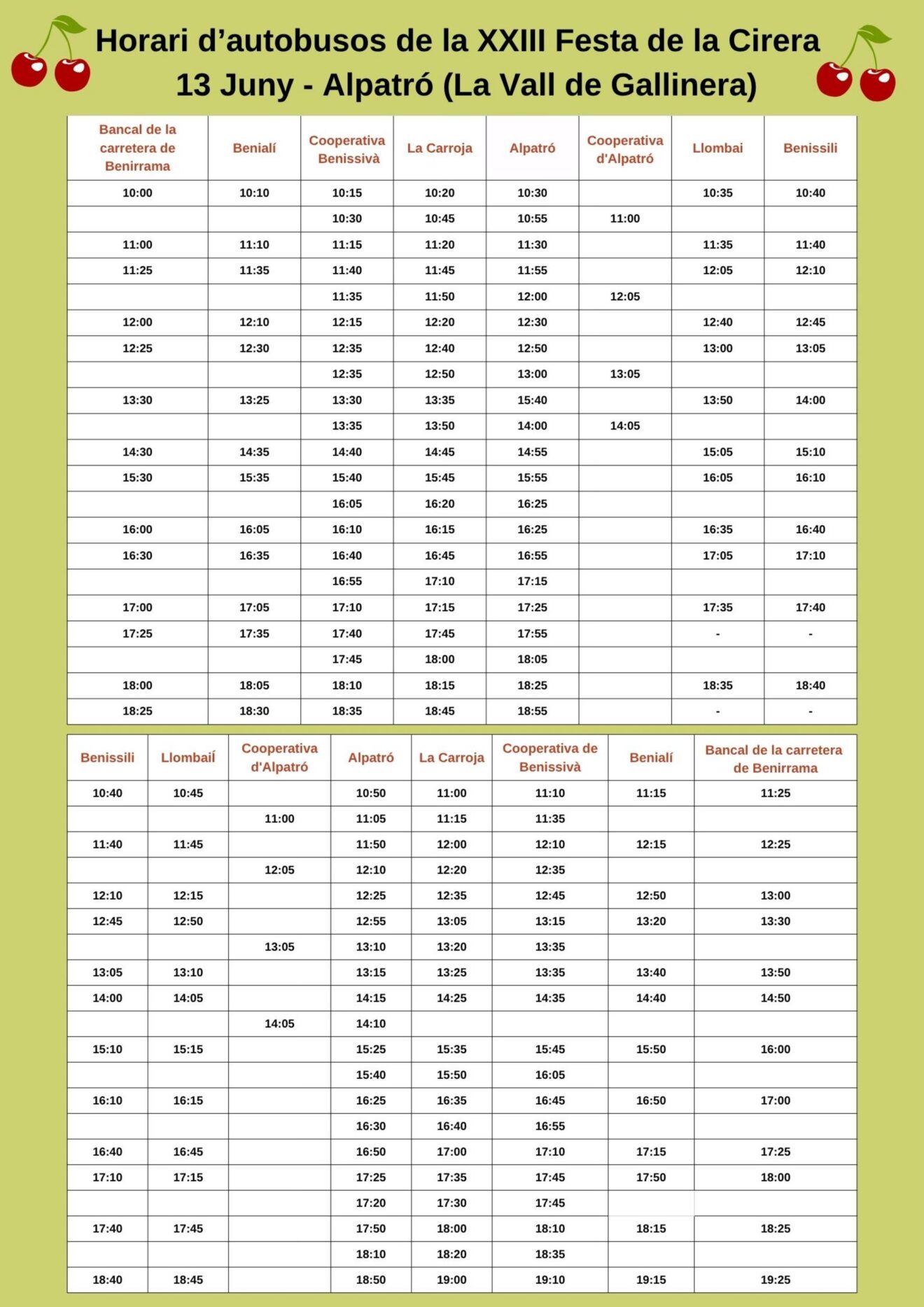 Horario de autobuses XXIII Festa de la Cirera