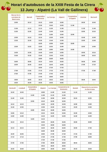 Horario de autobuses XXIII Festa de la Cirera