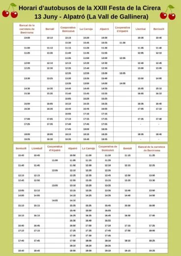 Horario de autobuses XXIII Festa de la Cirera