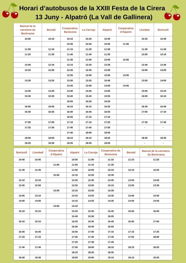 Imagen: Tabla de horarios de autobuses para la XXIII Festa de la Cirera en La Vall de Gallinera.