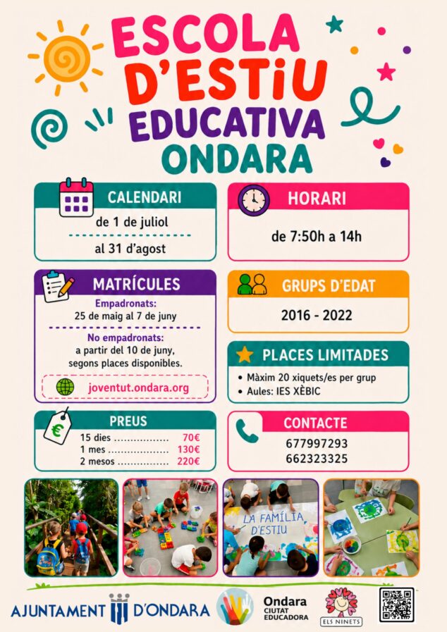 Ondara abre inscripciones para sus 'Escoles d'Estiu 2026' 2 Imagen: Infografía con detalles de la Escuela de Verano Educativa de Ondara.