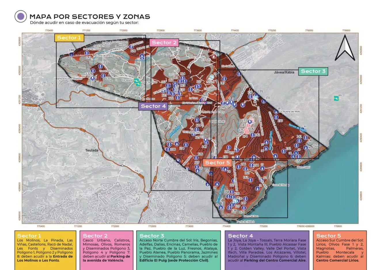 Mapa de sectores y zonas de evacuación de El Poble Nou de Benitatxell